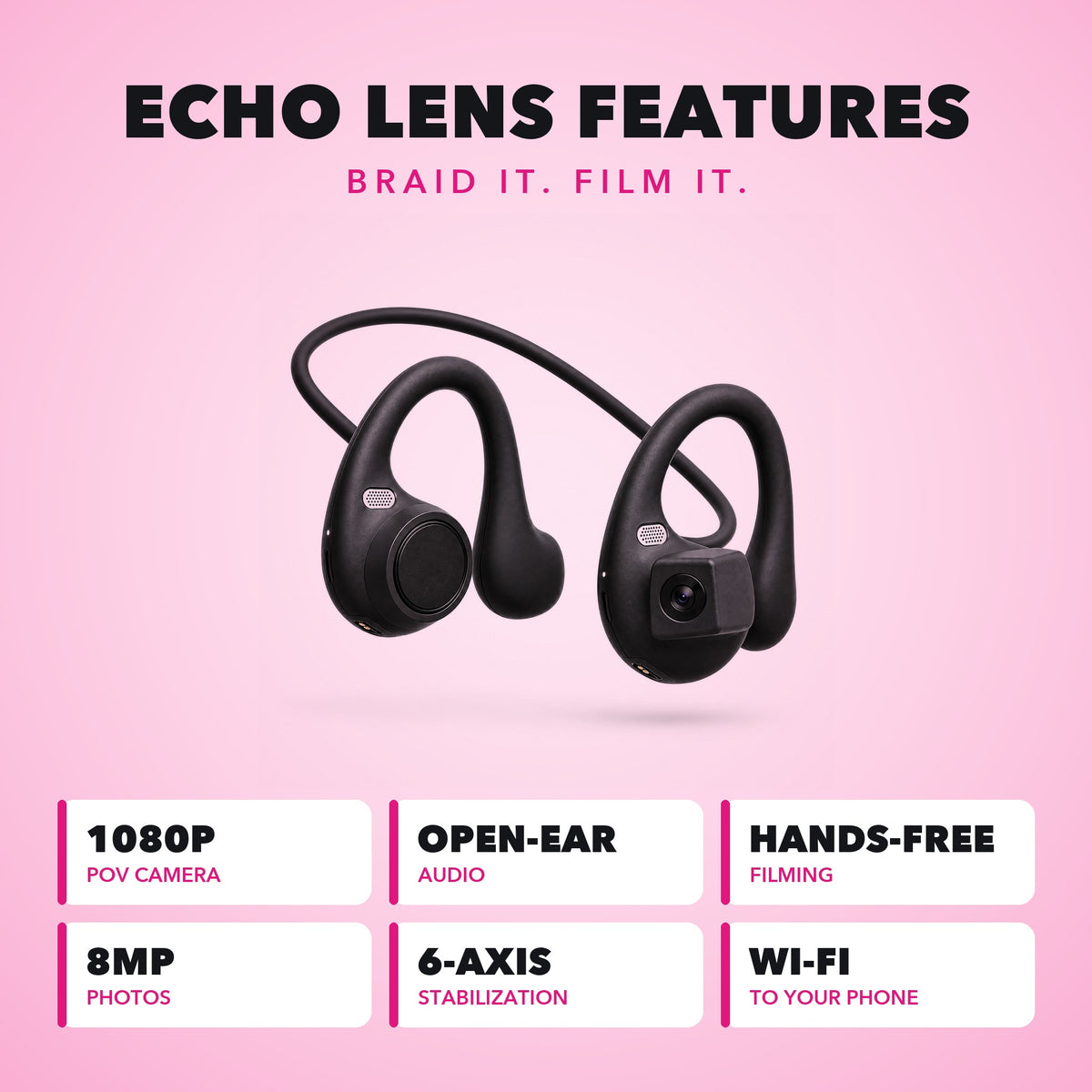 Echo Lens features: 1080p POV camera, open-ear audio, hands-free filming, 8MP photos, 6-axis stabilization, Wi-Fi to your phone