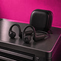 Echo Lens camera headphones and zip case against a pink wall